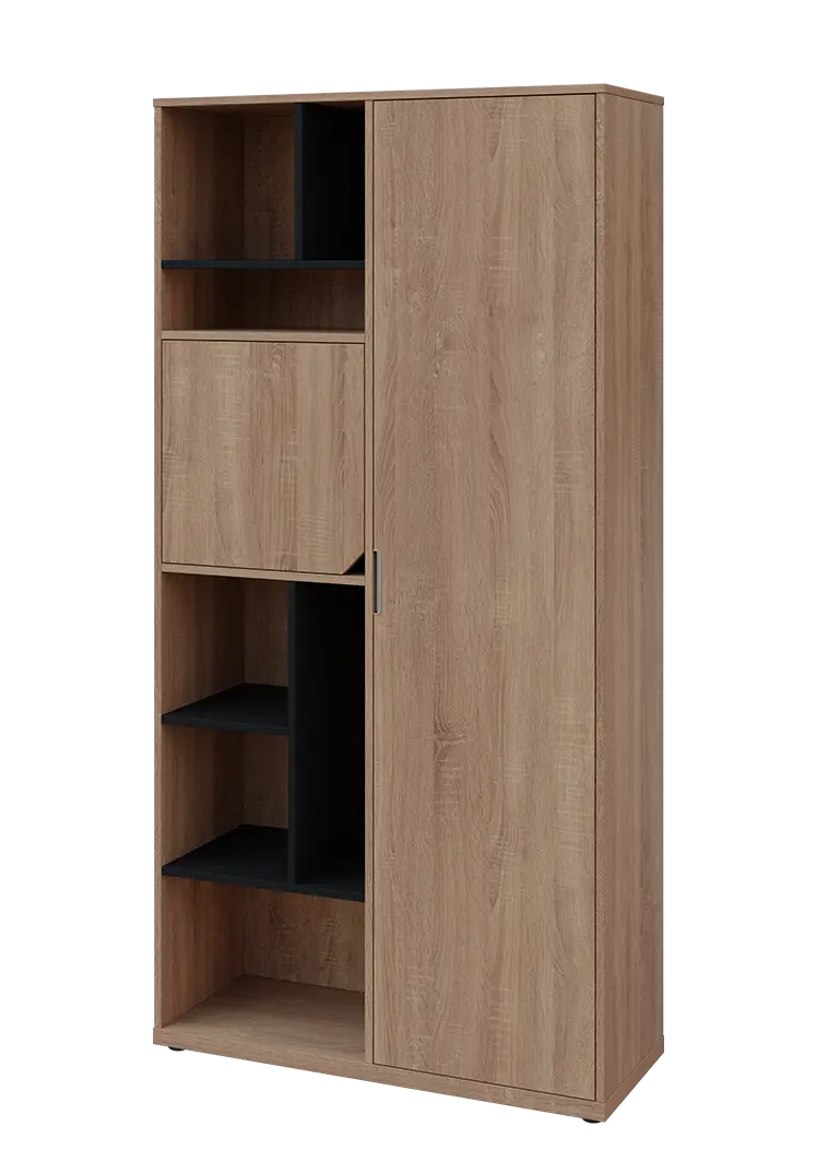 KSR6-83 P skříň šatní, 1x výsuvné ramínko, dvířka, niky, 2053x1022x400 mm, provedení pravé, korpus a dvířka dub bardolino/police černá